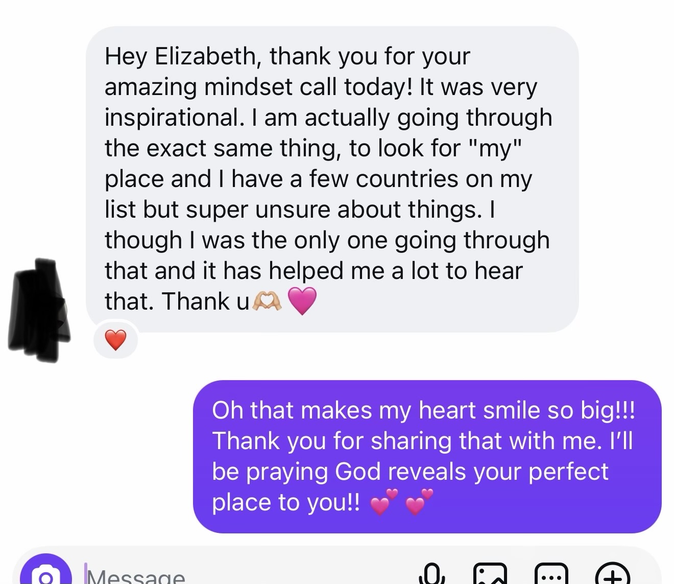 Thank-you message after an inspirational mindset call with Elizabeth