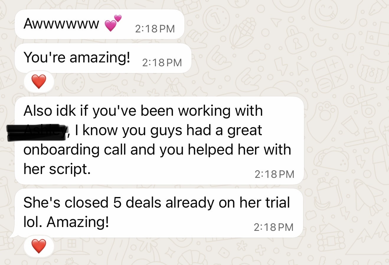 Message praising Elizabeth's coaching support after a client closed five deals