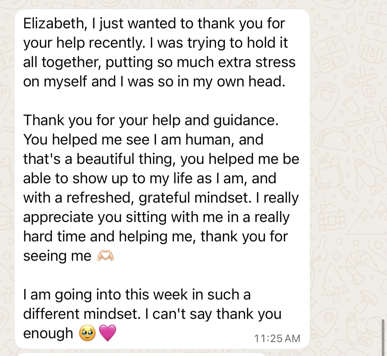 Message thanking Elizabeth for support during a hard time